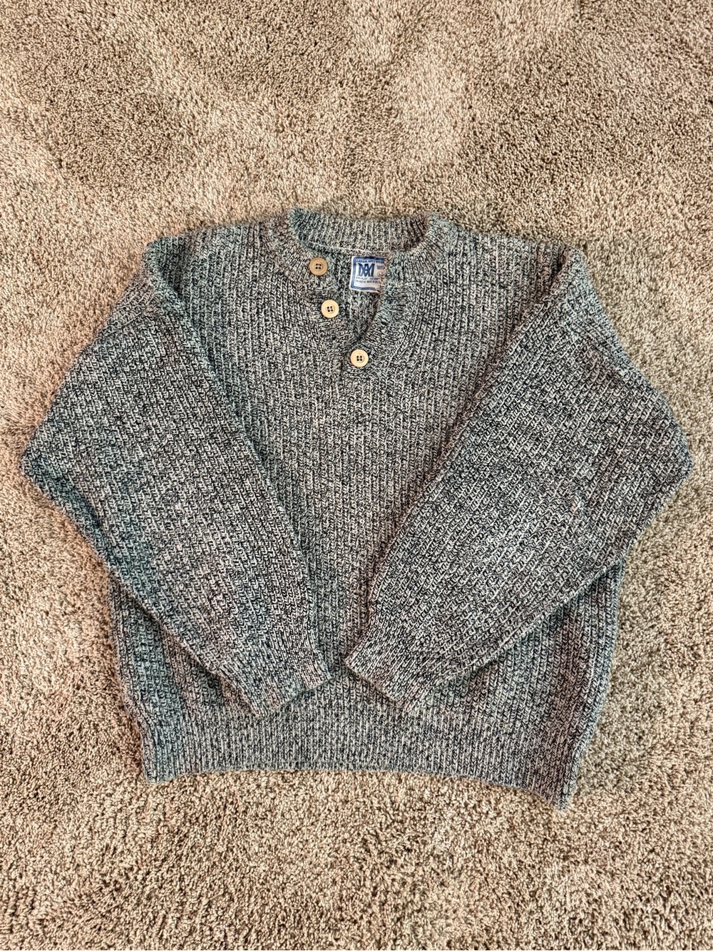 EUC Vintage Greek Fishermen’s Gray Cotton Knit Button-Neck Sweater, Size Large